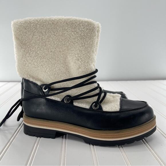 ESPRIT Elaine Black Faux Fur Platform Preppy Lace Up Strappy Boots Size 8.5 - Picture 2 of 10